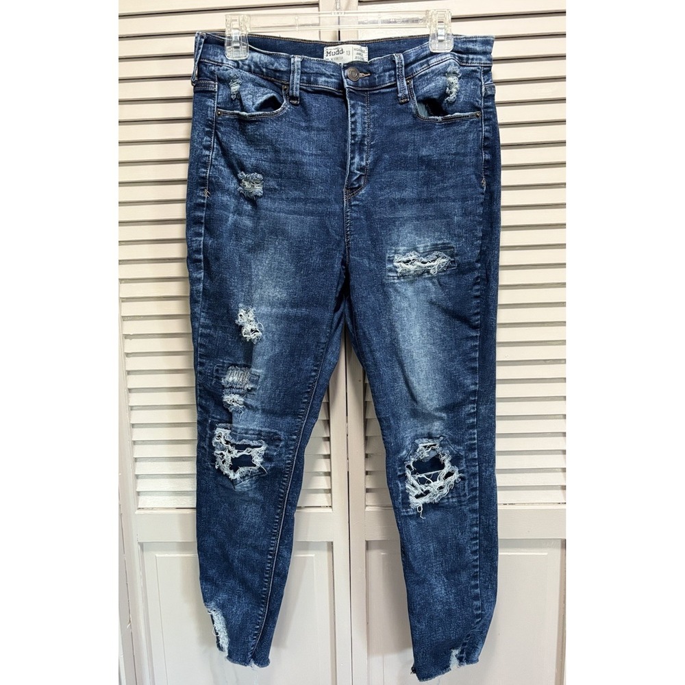 Mudd FLX Stretch Med Wash Distressed Denim Jeggings Mid Rise Size 13 Raw Hem